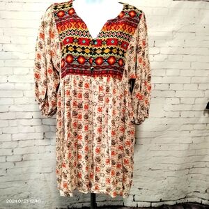 UMGEE Boho Southwestern Medallion Mixed Print Tassel Tie Colorful Tunic Dress M
